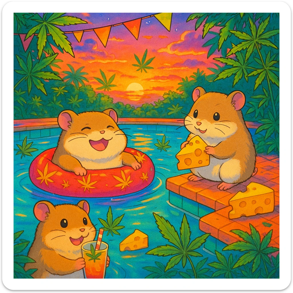 square colorful pool party scene at sunset with up to 3 hamsters, weed leaves, cheese, and THC theme, extra vibrant, dreamy, nostalgic, fun, inviting, summer party vibe, clear composition, no disco ball sticker
