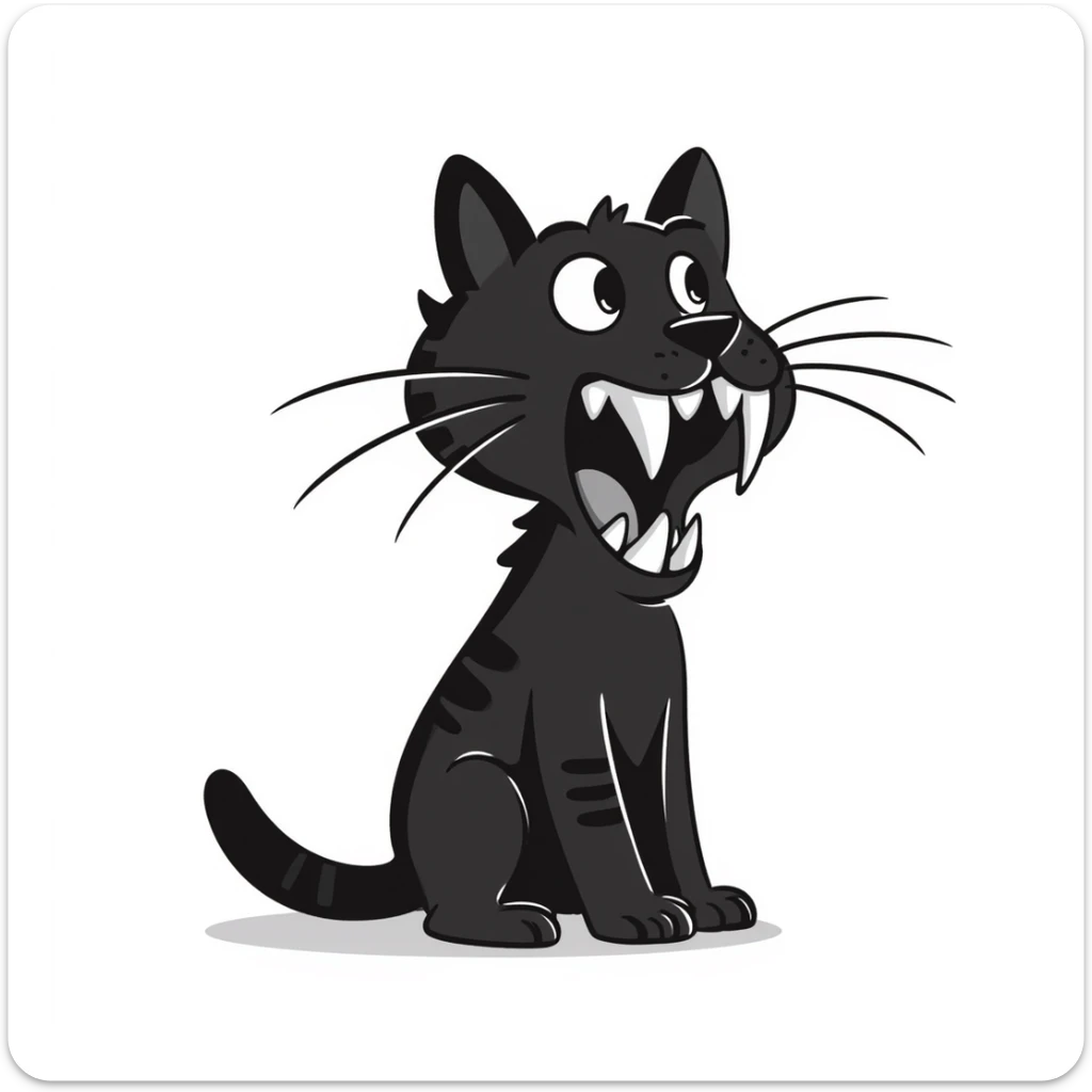 sketch of a tiny saber-toothed cat with 8-inch-long fangs that are enormously disproportionate to its small body, absurdly long teeth sticker