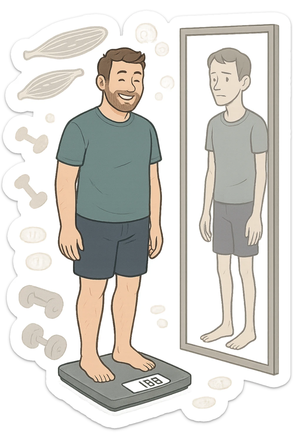 a man stands on a scale, smiling at the lower number, but his reflection in a nearby mirror shows a thinner, but also visibly weaker and less muscular body. Around him, floating icons or faded images of muscle fibers and dumbbells highlight the overlooked loss of muscle mass. The mood is cautionary and educational. in italiano sticker