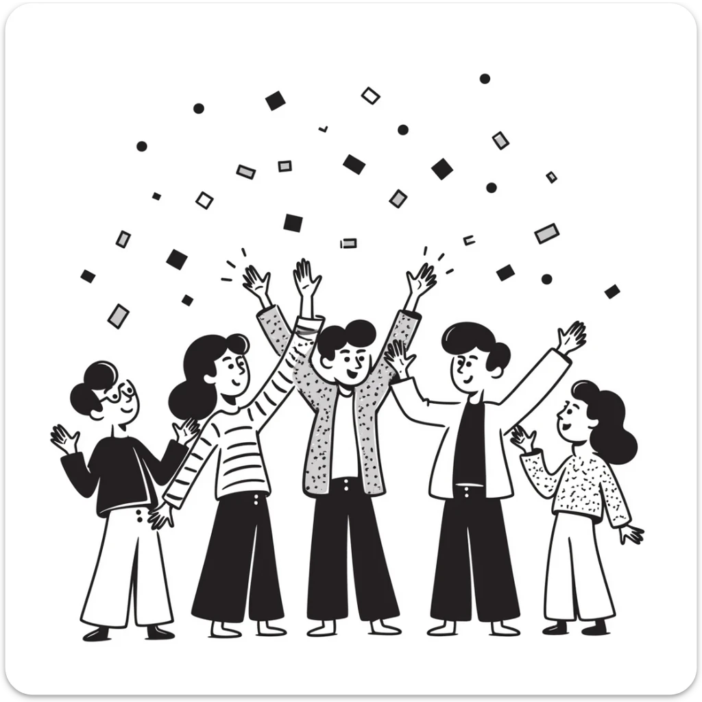 sketch of Texans celebrating victory in Mexico City, hand-drawn lines, confetti sticker