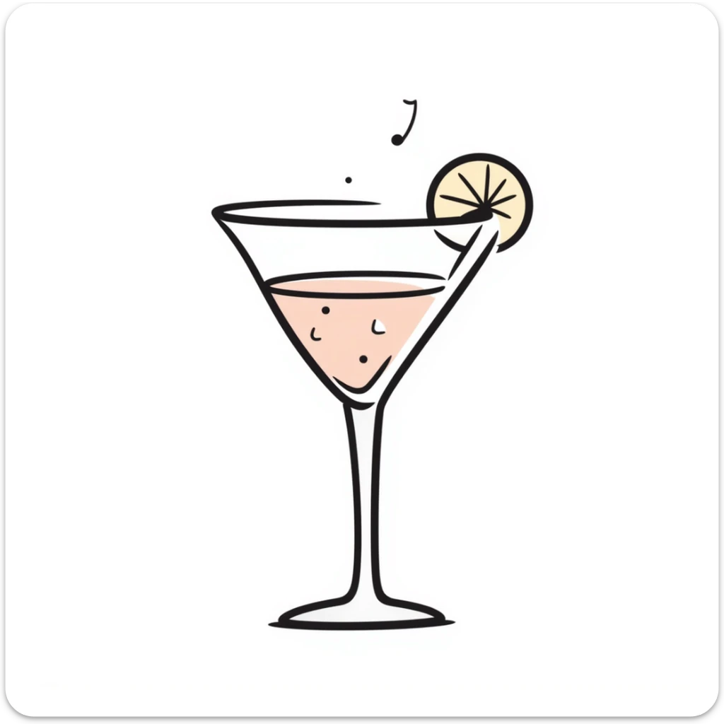 A fancy cocktail glass with decorative garnish in pastel colors (dd9fb0, ffc6d3, a3bfc9, c4bee2, f1b091), hand-drawn doodle style sticker