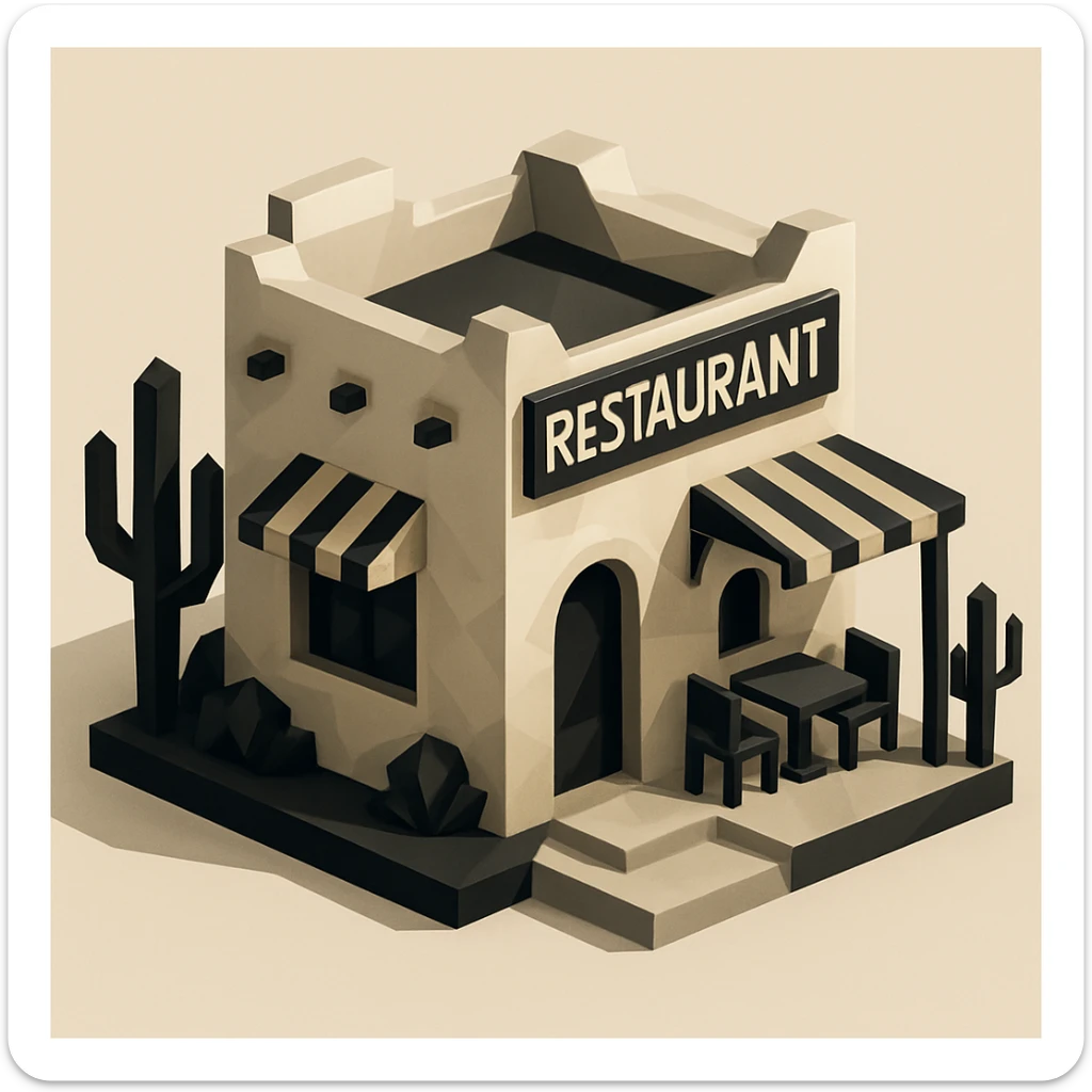 isometric exterior of a southwestern restaurant, black, beige, and white color palette, dollhouse style, low-poly polygonal 3D look sticker