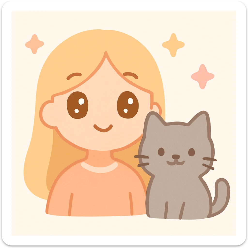 girl with long blond hair, brown eyes, and a grey cat, vibrant anime-inspired style sticker