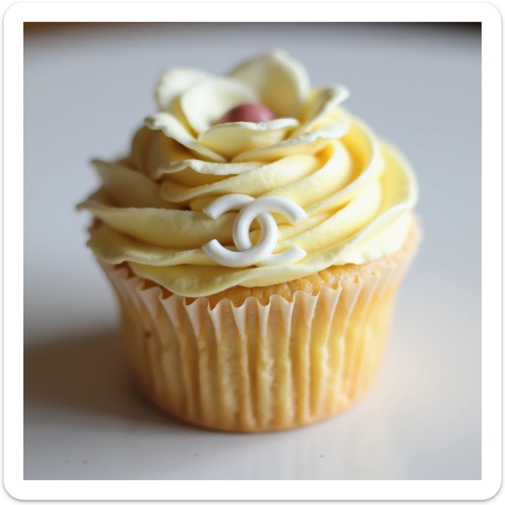 photorealistic pastel yellow Chanel cupcake with a camellia flower and edible logo, delicate and elegant sticker