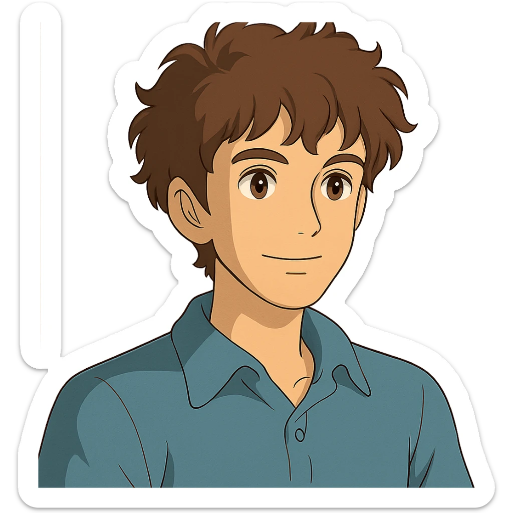 ghibli style good looking young adult boy with brown curly hair and brown eyes sticker