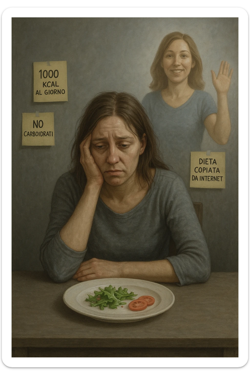 Donna tra i 30 e i 40 anni seduta a tavola, davanti a un piatto quasi vuoto con solo insalata e due fette di pomodoro. Il suo volto è visibilmente triste, stanco, con occhi spenti. Intorno a lei, foglietti attaccati con scritte come '1000 kcal al giorno', 'No carboidrati', 'Dieta copiata da internet'. L’atmosfera è fredda, grigia, priva di energia. Il suo corpo appare spento e scarico. Sullo sfondo, la sagoma di sé stessa più felice e piena di vitalità, come ricordo di un approccio migliore mai seguito. Stile realistico e simbolico sticker