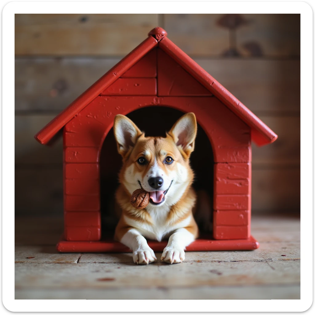 realistic red dog house with a Corgi dog inside, Corgi with a chew toy, photorealistic style sticker