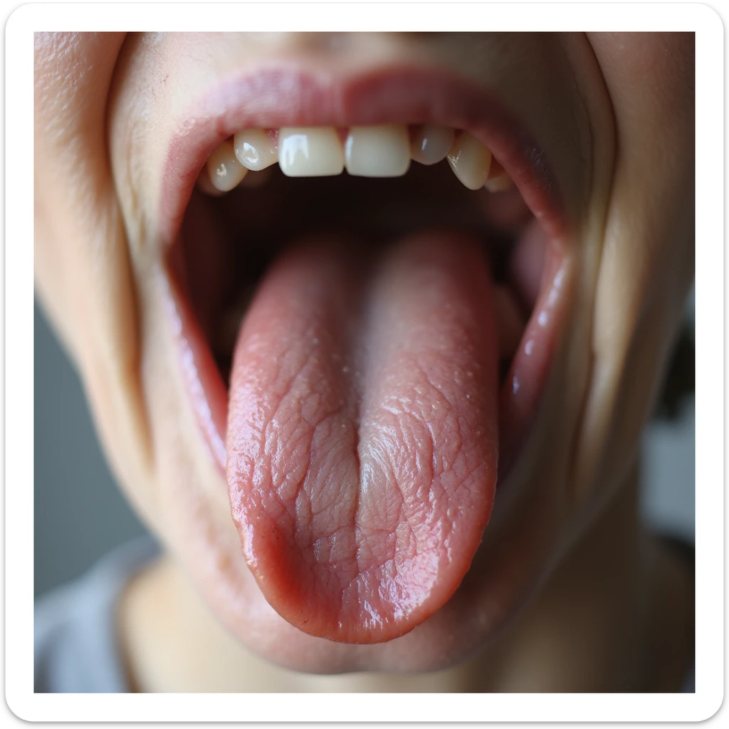 close-up of a red and smooth tongue (glossitis), typical of vitamin B12 deficiency, hyperrealistic 4K details, vertical 9:16, neutral background sticker