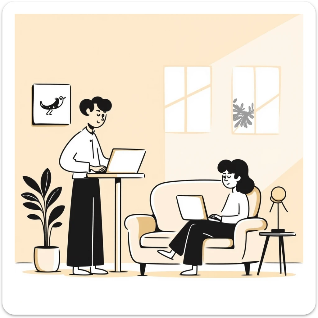 escenary 3d of a cozy mid-century living room with two people working on laptops, one man standing at a desk and one woman sitting on a couch, warm tones, two walls and floor visible sticker