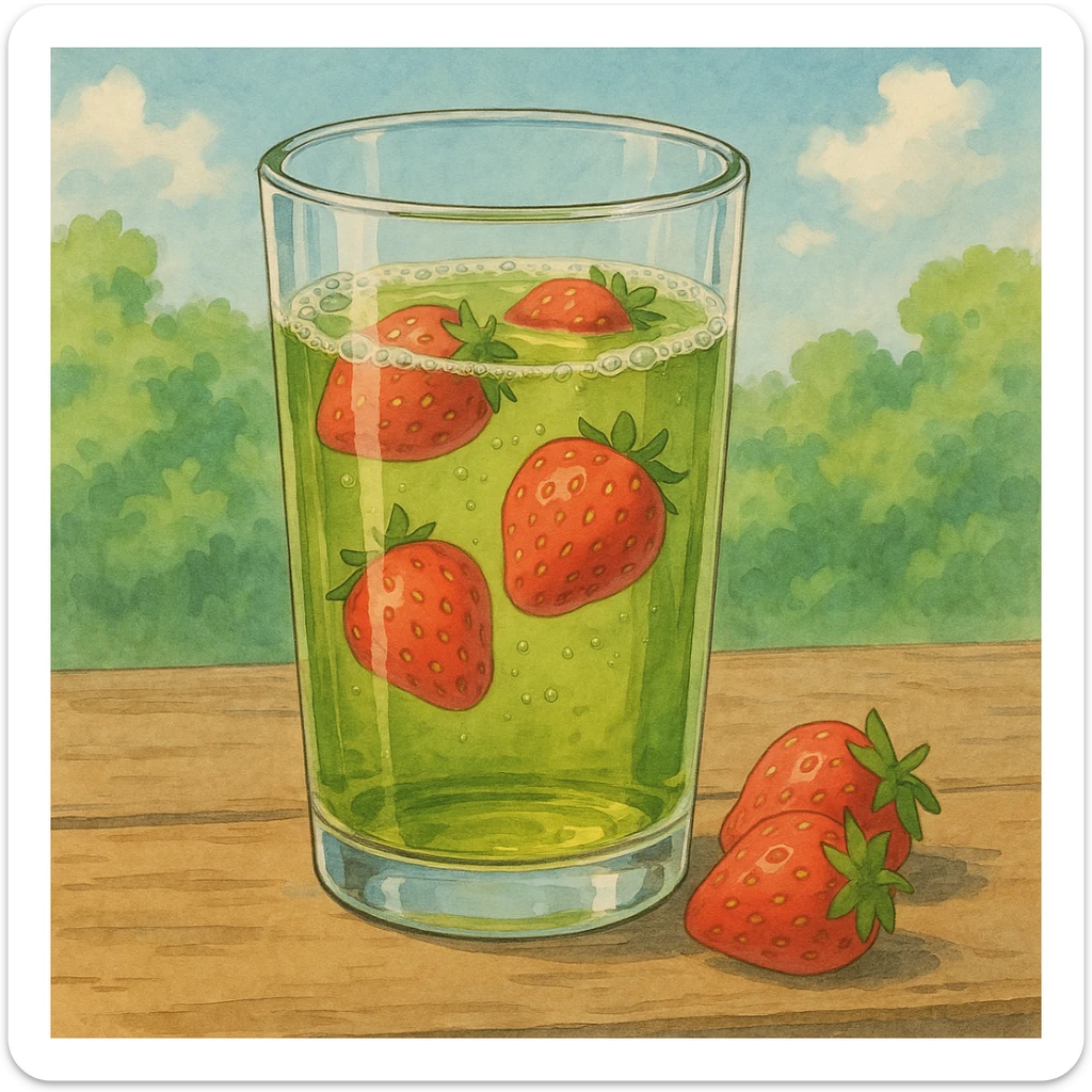 realistic glass of green tea with strawberries in ghibli style sticker