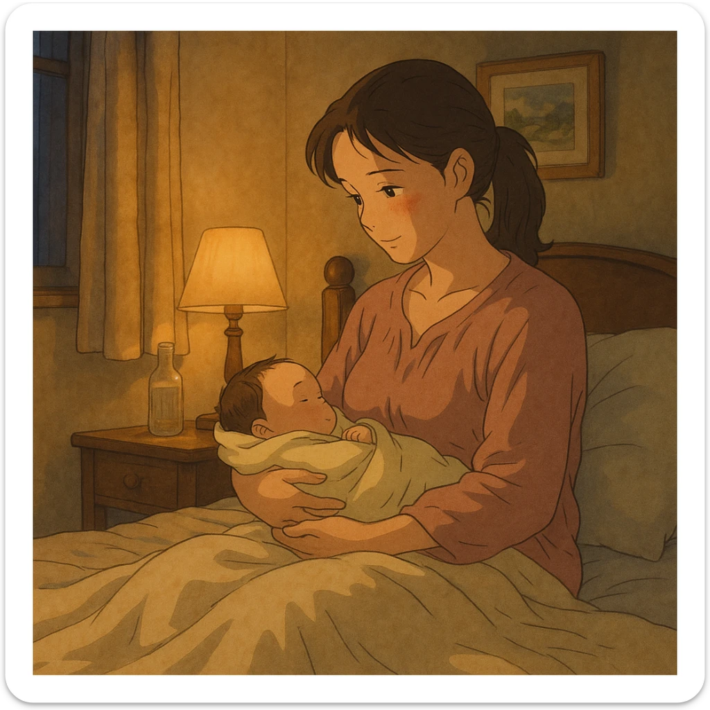 postpartum woman sitting on a bed, looking at her baby, intimate ambiance, realistic details, ghibli style sticker
