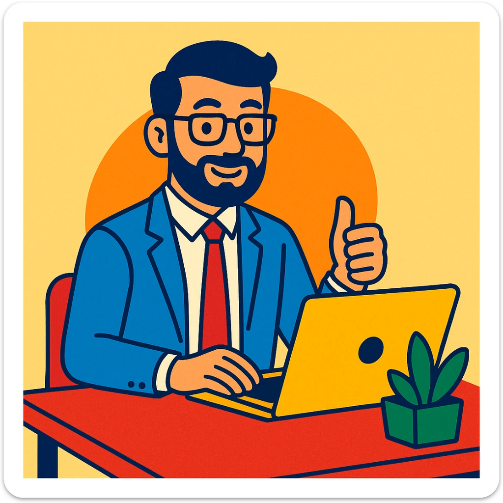 A 35-year-old male business coach sitting at a desk with a laptop sticker