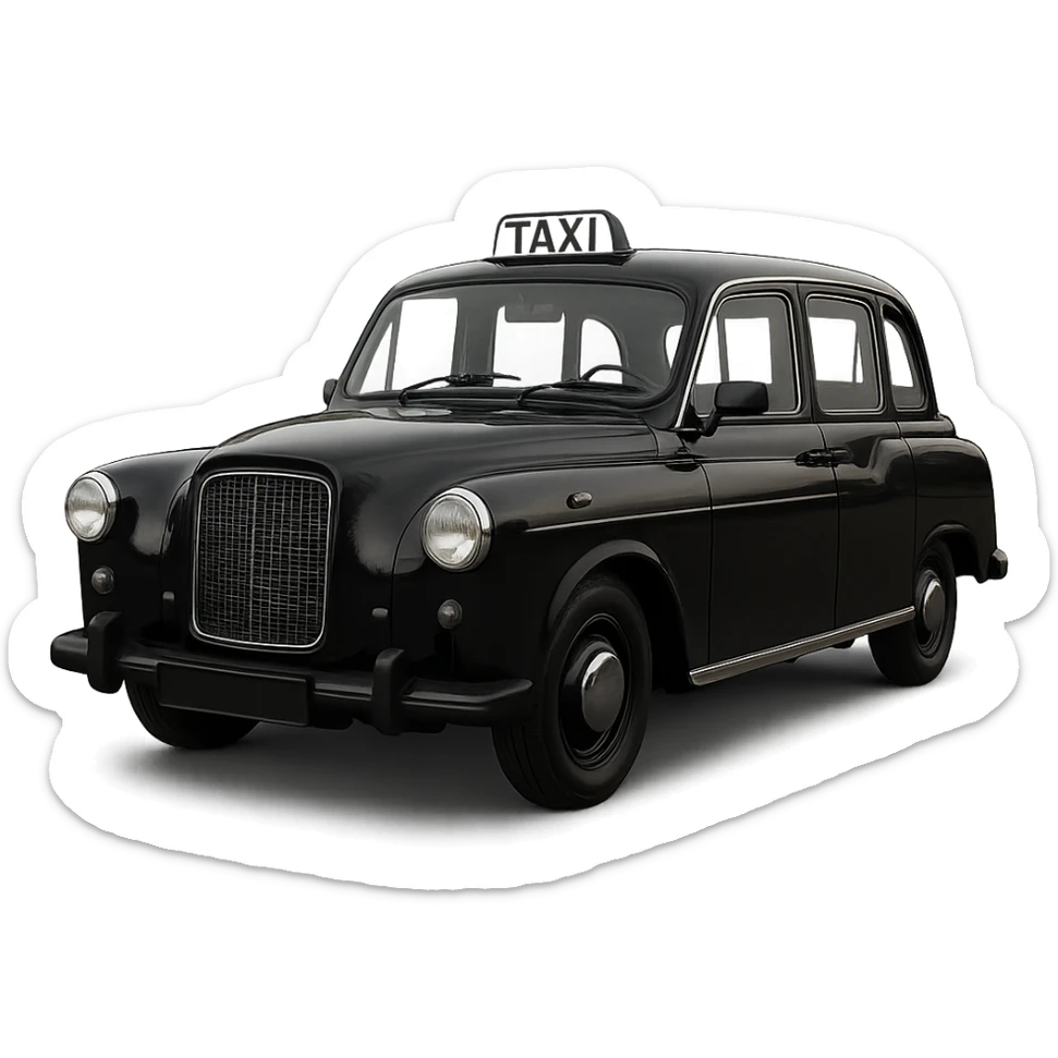 A classic taxi cab painted black, clear 'TAXI' sign on top, no yellow color in design sticker