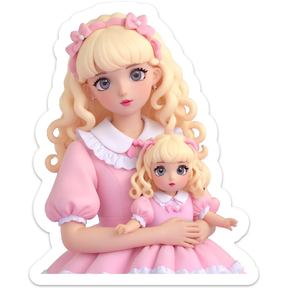 pale girl , who has curly medium length blonde and baby pink swirled hair with bangs , grey eyes , and doll like makeup , in a light pink lolita hime gyaru dress  sticker