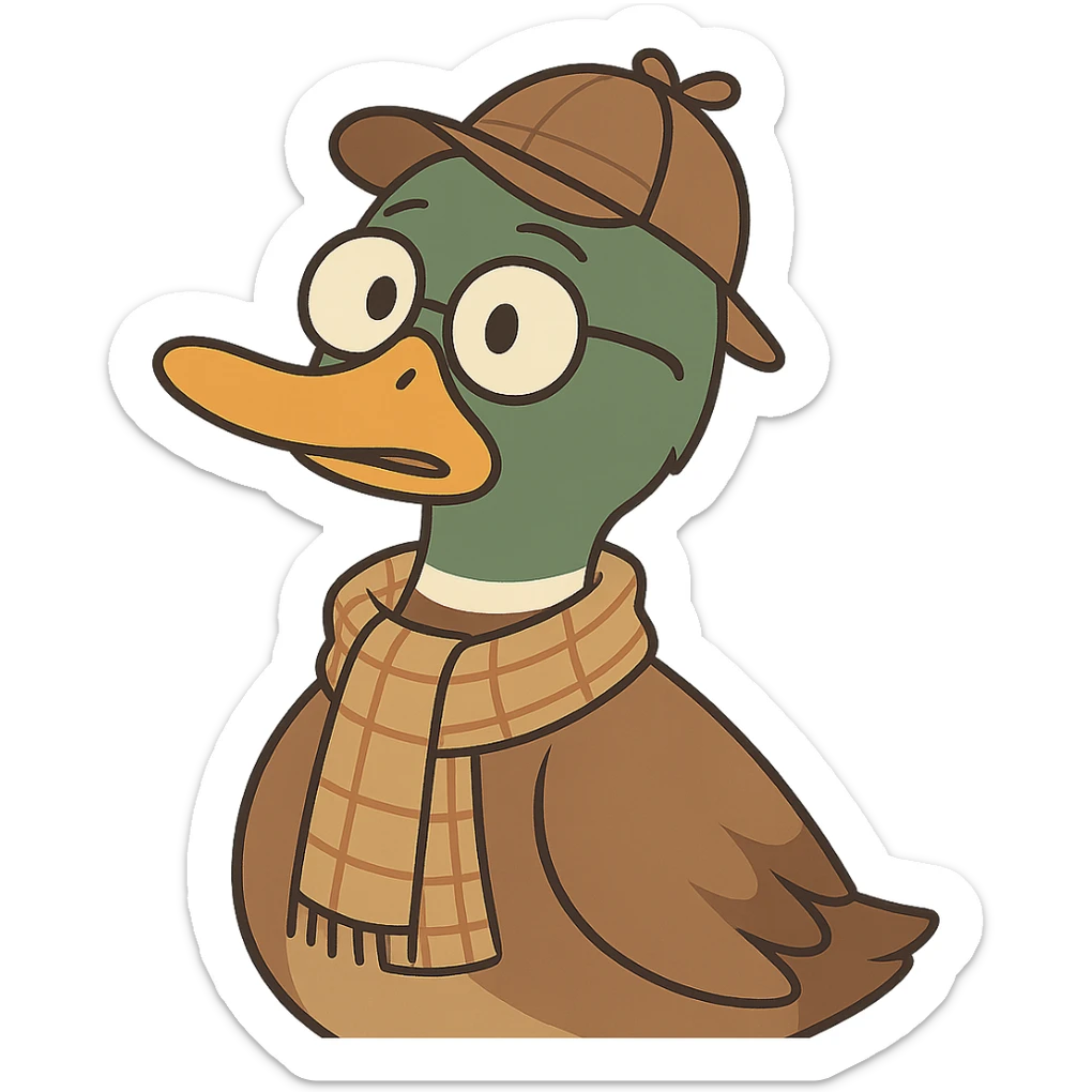 sweet mallard duck detective, wearing glasses and a plaid scarf, looking curious, soft illustration sticker