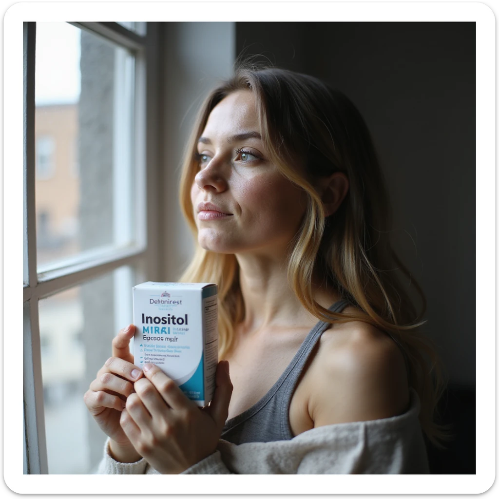 realistic photo of a woman with PCOS standing near a window, holding a box of inositol, face with acne and facial hair, thin hair, relaxed expression, home environment, natural light sticker