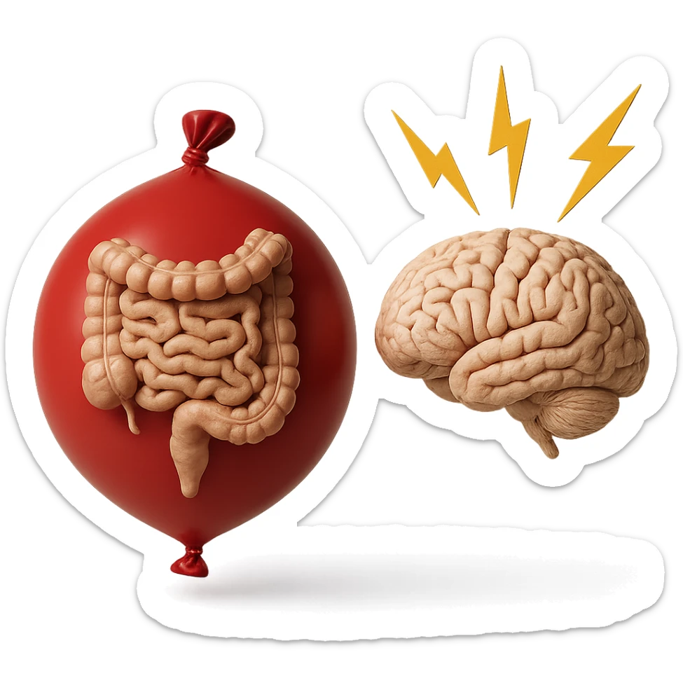 intestino umano anatomico chiuso in un palloncino rosso che simboleggia gonfiore, accanto un cervello anatomico con fulmini vicino che simboleggiano "stress", iperrealistico 4k sticker