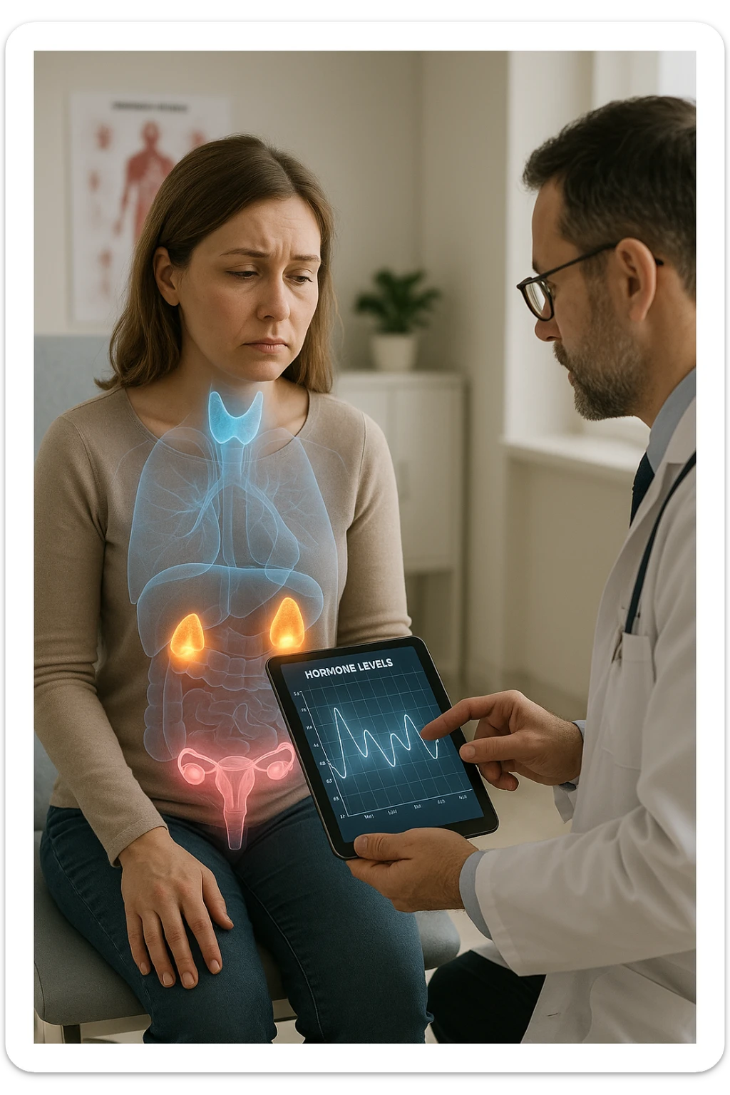 Realistic, vertical medical scene: a woman sits in a doctor’s office, looking fatigued and concerned. A semi-transparent overlay shows her internal organs, with the thyroid, ovaries, and adrenal glands glowing or pulsing in different colors to indicate hormonal imbalance. The doctor points to a digital tablet displaying fluctuating hormone levels. The mood is informative and empathetic. sticker