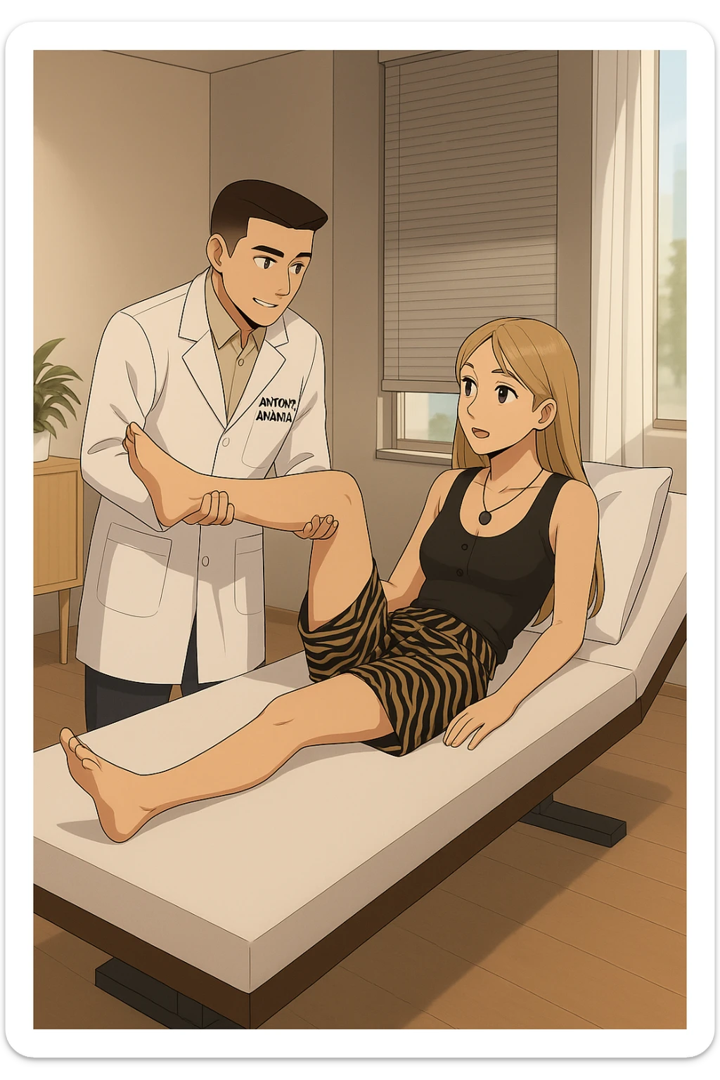 fai un webtoon/manga a colori con questo kinesiologo in camice bianco (fagli la scritta "ANTONIO ANANIA" SUL CAMICE) CHE SVOLGE UN TEST NEUROMUSCOLARE SOLLEVANDO UNA GAMBA ALLA RAGAZZA CHE è STESA SU UN LETTINO BIANCO. STANZA SEMPLICE E MODERNA, DURANTE IL TEST I DUE DIALOGANO TRA LORO. NON FARE I FUMETTI, FAI SOLO LORO COME SE DIALOGASSERO sticker