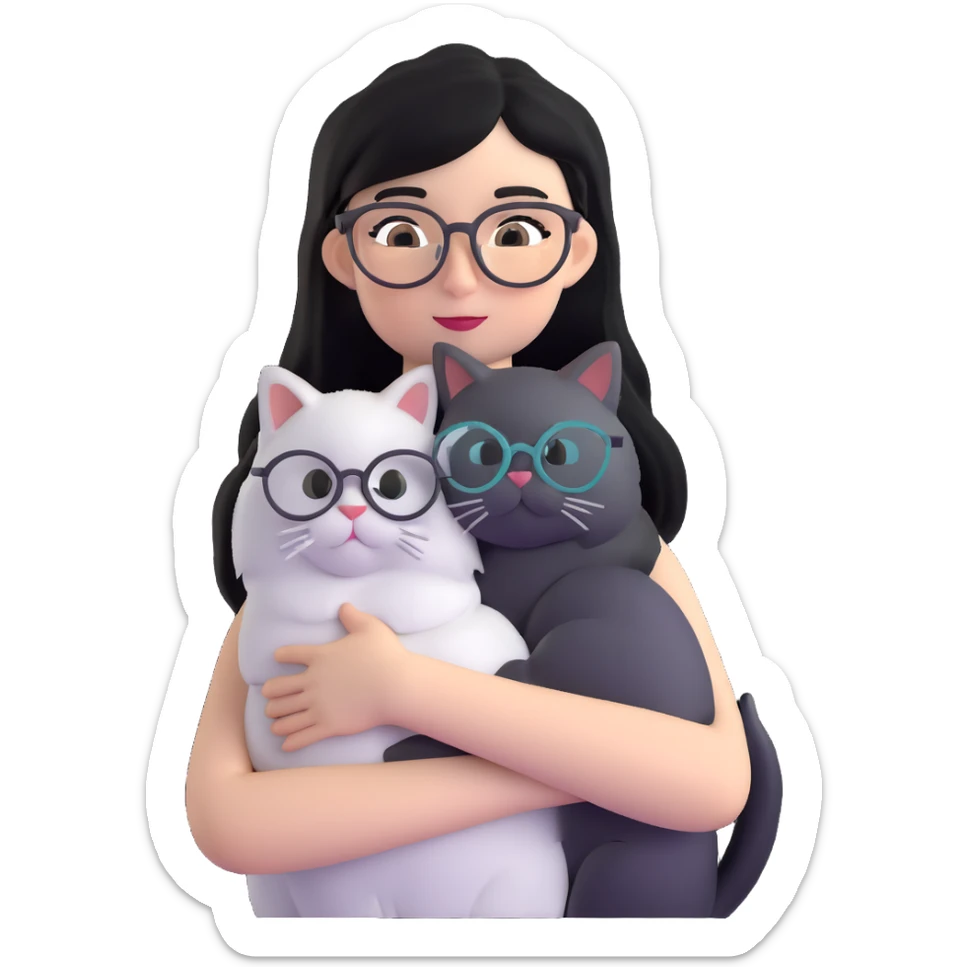 Skinny woman with oval glasses, long straight black hair, wearing white sleeveless top, hugging a grey Persian-Angora cat, plain background sticker