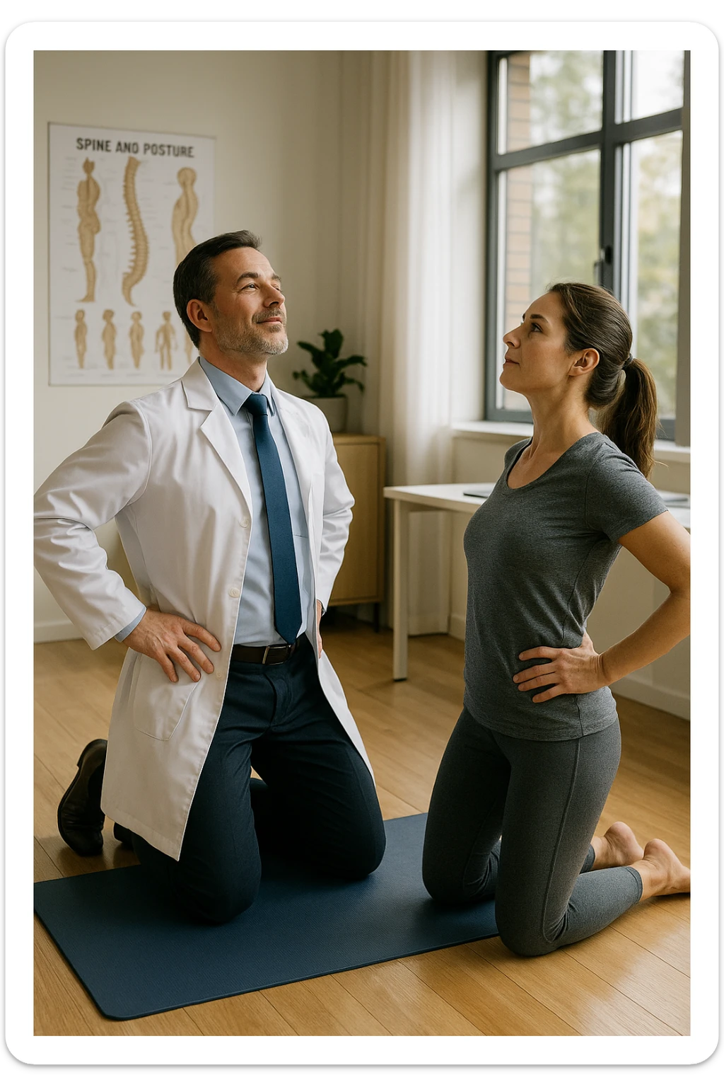 A realistic, cinematic illustration of a professional doctor in a white coat inside a bright, modern medical office, demonstrating a simple stretching exercise to a patient for improving posture. The doctor, calm and encouraging, shows a gentle spinal extension stretch while explaining its benefits for posture and spinal health, with an anatomical poster of the spine and posture alignment in the background. The scene includes a yoga mat, clean wooden floors, and natural light streaming through large windows, creating a warm, health-focused atmosphere. The patient, in comfortable activewear, watches and mirrors the stretch, emphasizing the preventive and therapeutic role of stretching for posture correction under medical guidanc sticker