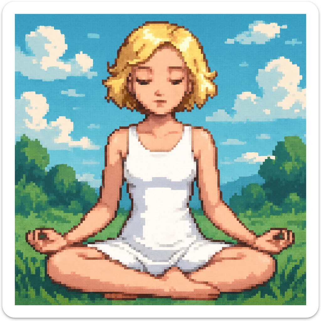 a blonde girl with a short haircut in a white dress sitting in a lotus position and meditating with a background, pixel art style sticker
