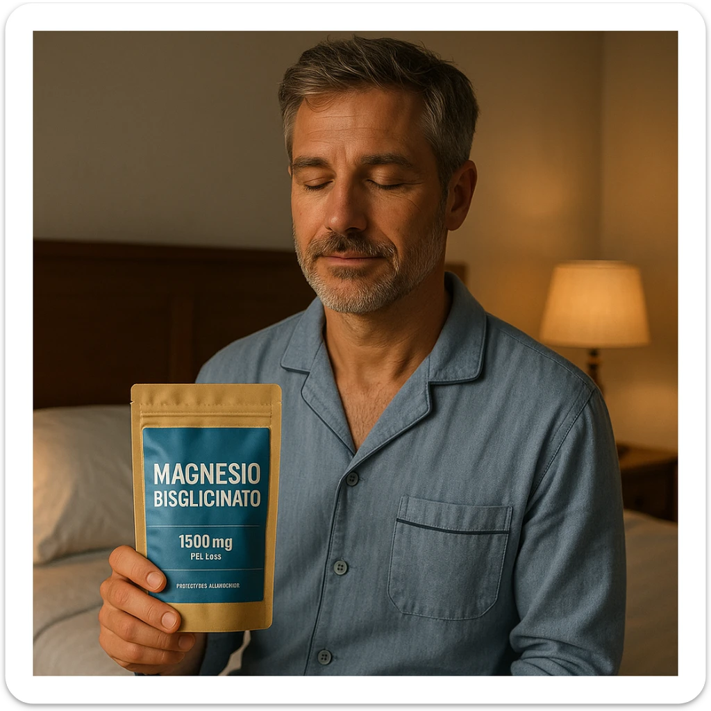 realistic illustration of a man holding a package of "Magnesio Bisglicinato" near the bed, wearing pajamas, with a serene and relaxed atmosphere, ready for the night sticker