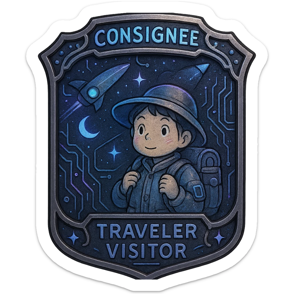 a metal insignia badge for a consignee traveler visitor, space scifi-futuristic cyberpunk futurepunk sticker