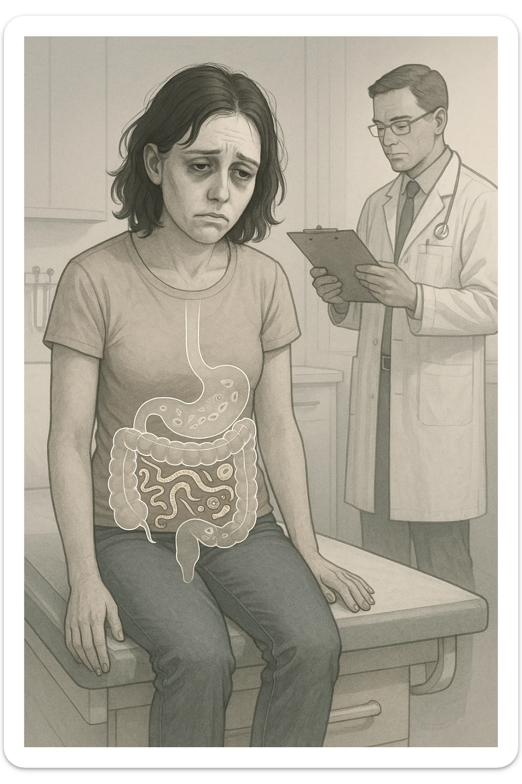 a woman in her 30s sits slumped on a doctor’s examination table, her face pale and eyes sunken with deep fatigue. A transparent overlay on her abdomen reveals stylized images of internal parasites, such as worms or protozoa, inside her digestive tract. The doctor stands nearby, reviewing medical charts. The mood is clinical and educational. sticker