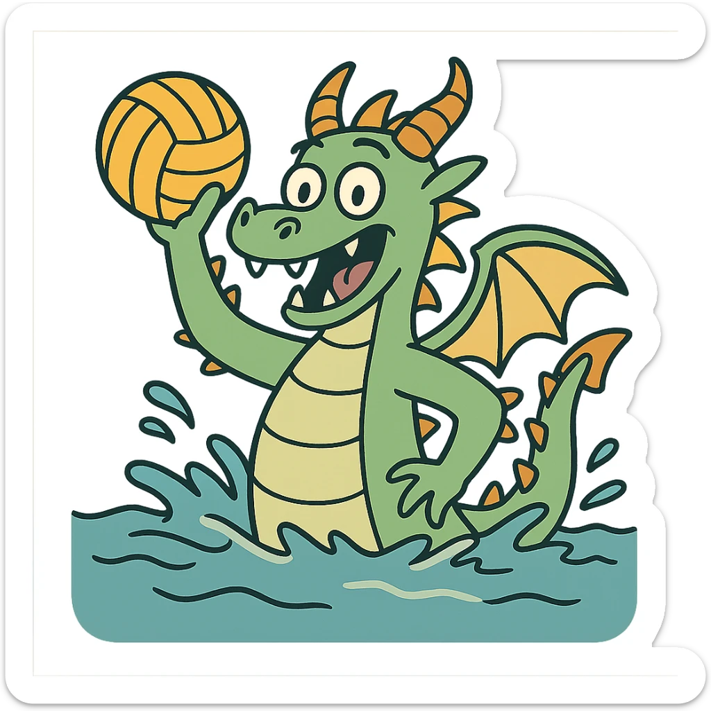 dragon playing water polo, cartoon style, bright colors sticker