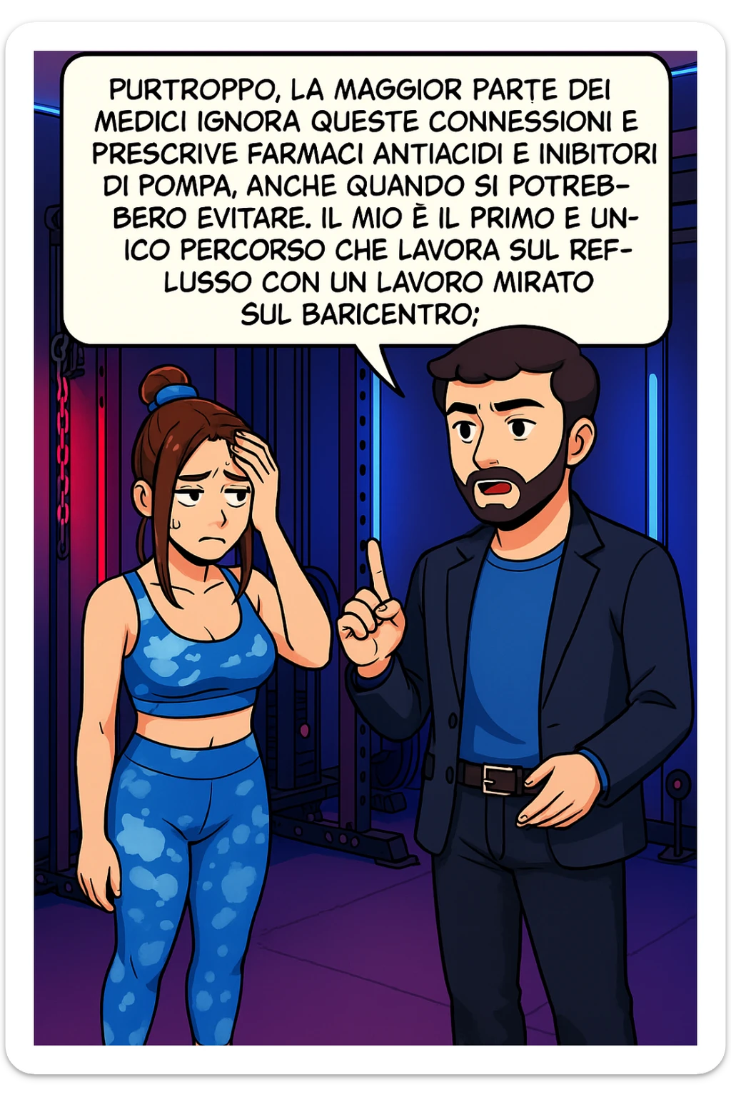TRASFORMA QUESTO CAROSELLO IN UN FUMETTO STILE WEBTOON/MANGA A COLORI CON QUESTE DUE PERSONE IDENTICHE CHE INTERLOQUISCONO TRA LORO, L'uomo sta spiegando alla donna questo concetto MENTRE LA DONNA SI TIENE la mano sulla fronte sconcertata:

LUI (UOMO): Purtroppo, la maggior parte dei medici ignora queste connessioni e prescrive farmaci antiacidi e inibitori di pompa, anche quando si potrebbero evitare.
Il mio è il primo e unico percorso che lavora sul reflusso con un lavoro mirato sul baricentro; sticker