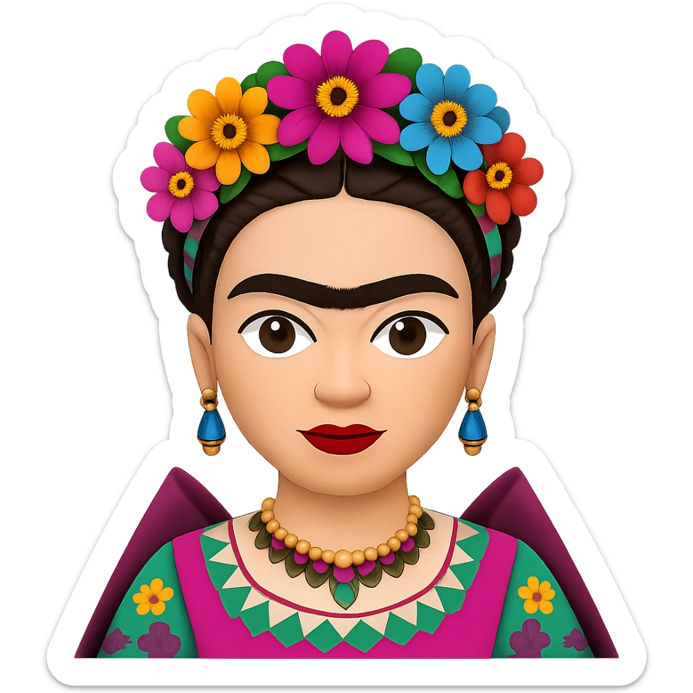 Add a more prominent unibrow to Frida Kahlo in the style of emoji. Keep the transparent background. sticker