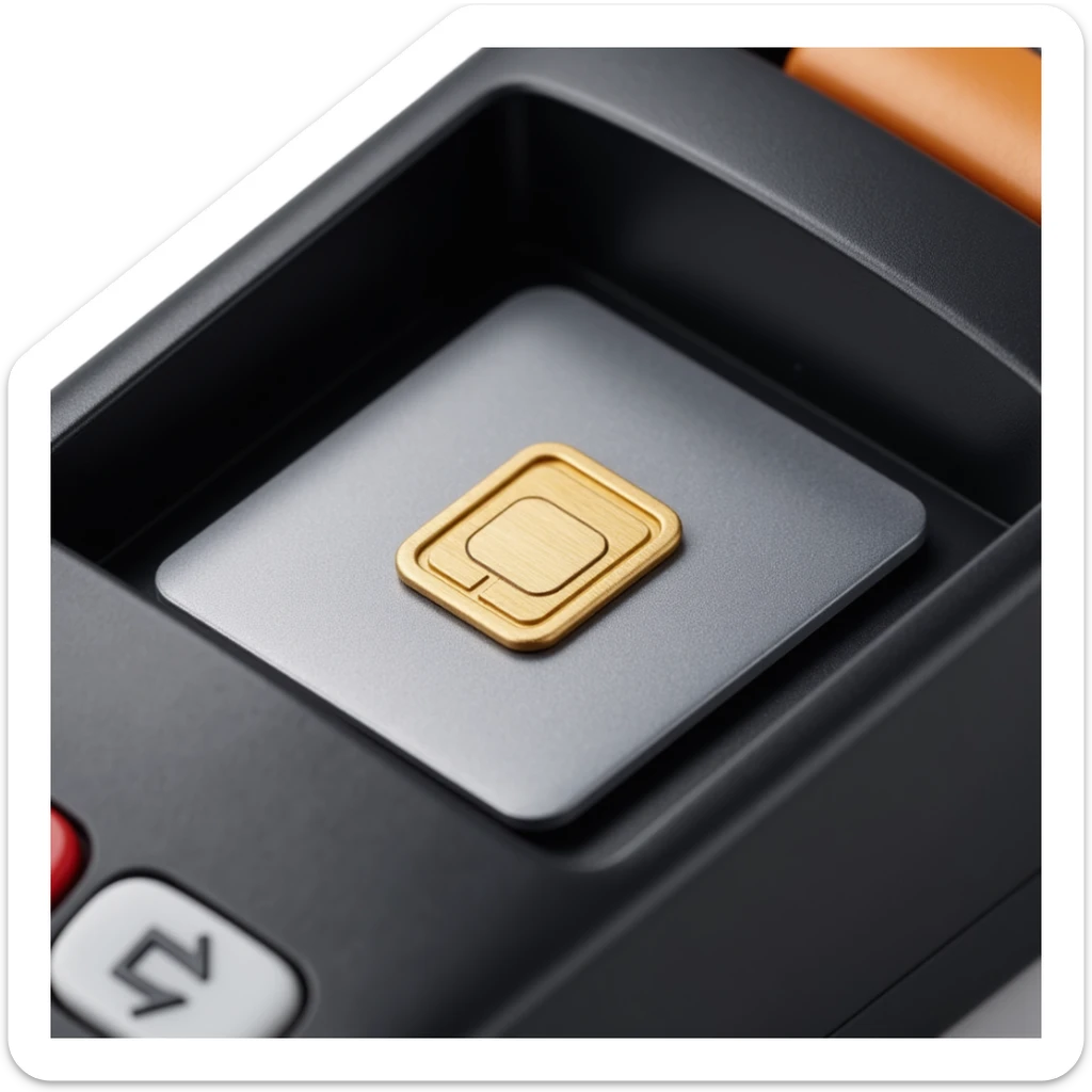 close-up of a credit card chip inside a POS terminal, skeuomorphism icon style, detailed and metallic sticker