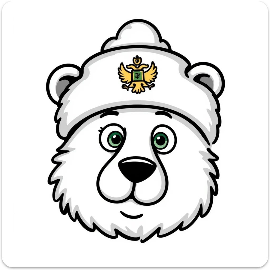 Cute grizzly bear face with green eyes, wearing a white fur hat with golden Russian coat of arms in the middle sticker