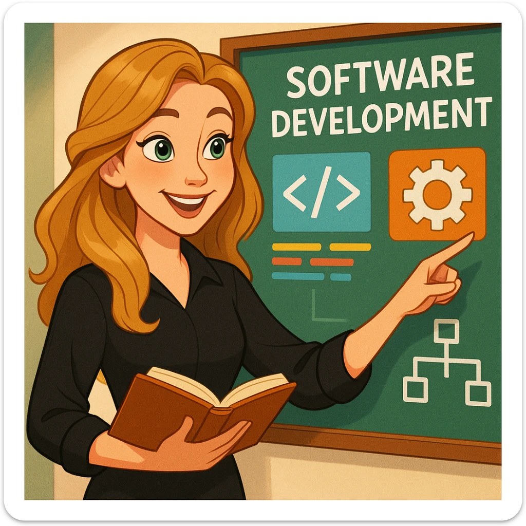 Disney-inspired cartoon businesswoman, European, long dark blonde beach waves, green eyes, black blouse with long sleeves, no glasses or chain, smiling, teaching software development sticker