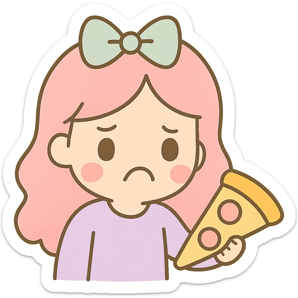 Make the girl look disgusted, holding the pizza away from her, in the same kawaii chibi anime style with flat pastel colors, thick outlines, and simple cute features. Keep the background transparent. sticker