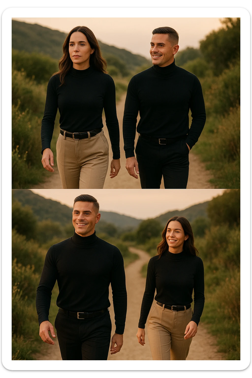 a man and a woman walk together along a winding path in a natural landscape. In one version, the woman leads confidently while the man follows a few steps behind, looking at lei con ammirazione. In un’altra versione, i ruoli sono invertiti, con l’uomo che guida e la donna che lo segue sorridendo. La scena trasmette l’idea che entrambi possano guidare o seguire, a seconda del momento. sticker