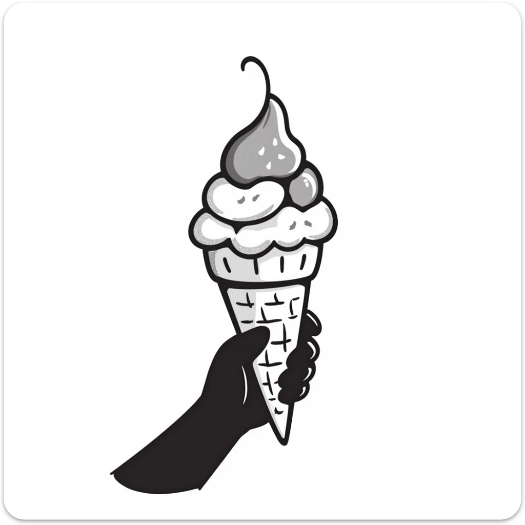 An ice cream cone with scoops of ice cream in pastel colors (dd9fb0, ffc6d3, a3bfc9, c4bee2, f1b091), hand-drawn doodle style sticker