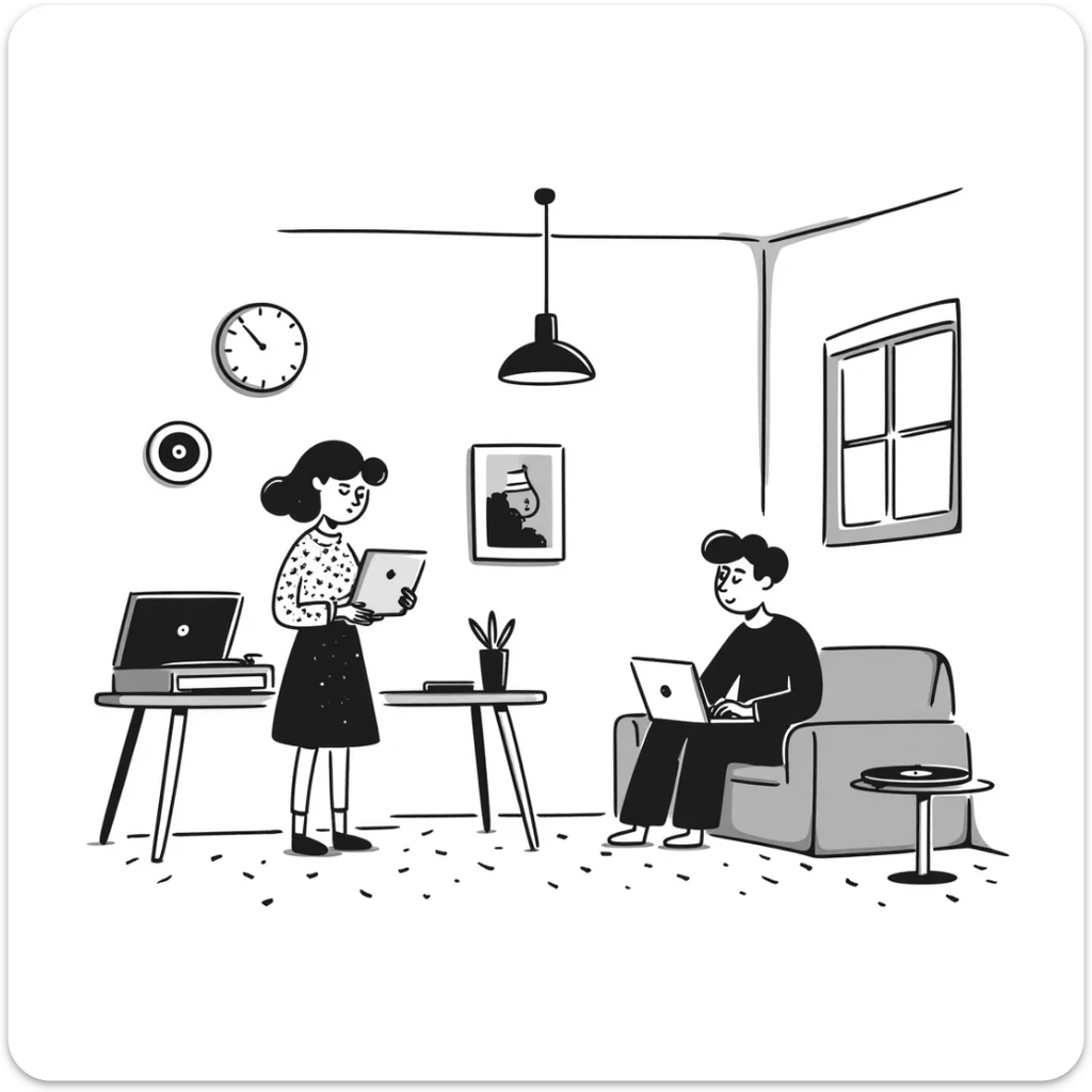 A mid-century modern living room with two people working on laptops — a woman standing working on the laptop and a man sitting on a couch with a laptop. The room has visible floor and two walls forming a corner, large window, modern pendant lamp, turntable, vinyl record stand, retro posters sticker