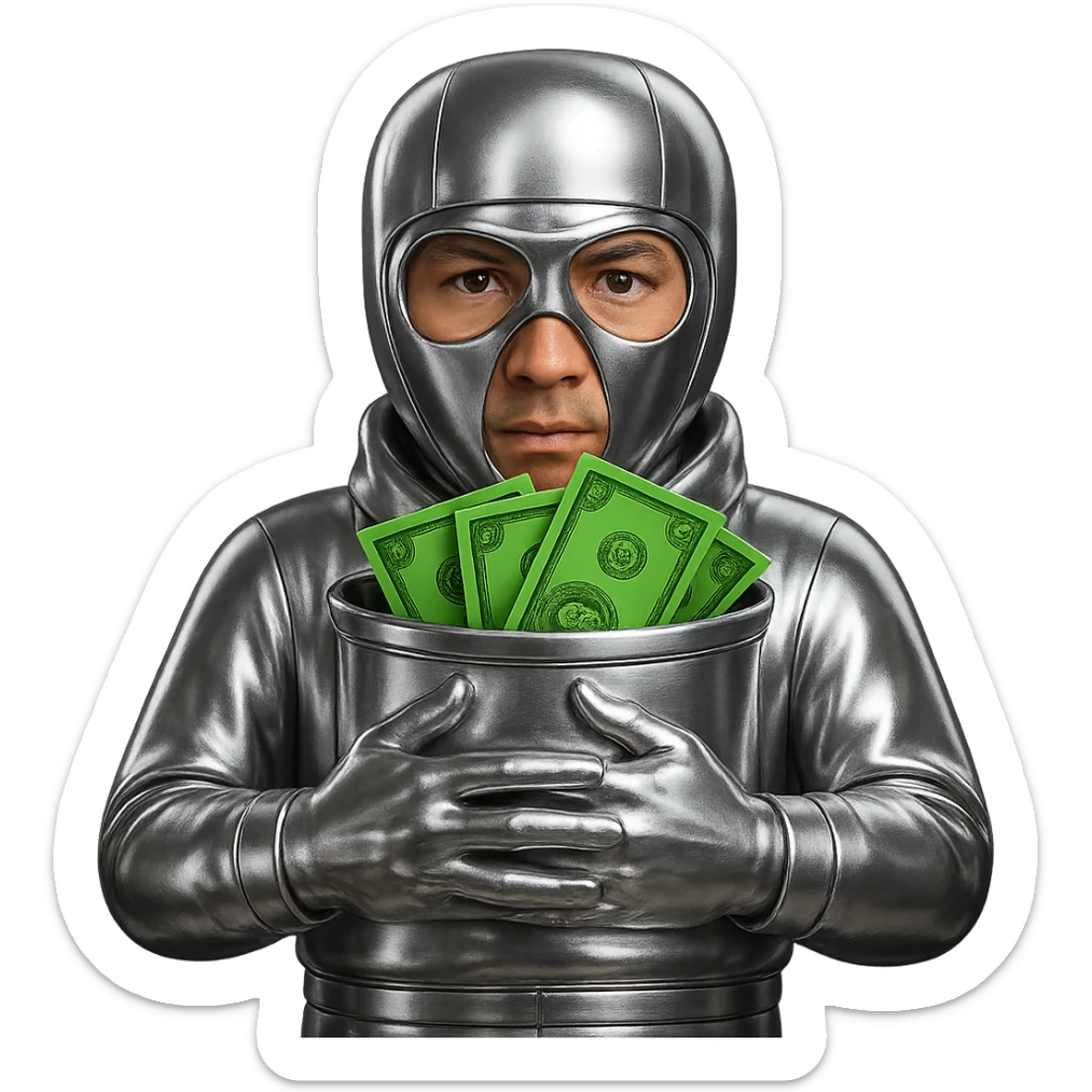 Fix the face to look more natural and human with a light tan face and money green accents, keep everything else in chrome 3D metallic style, no background. sticker