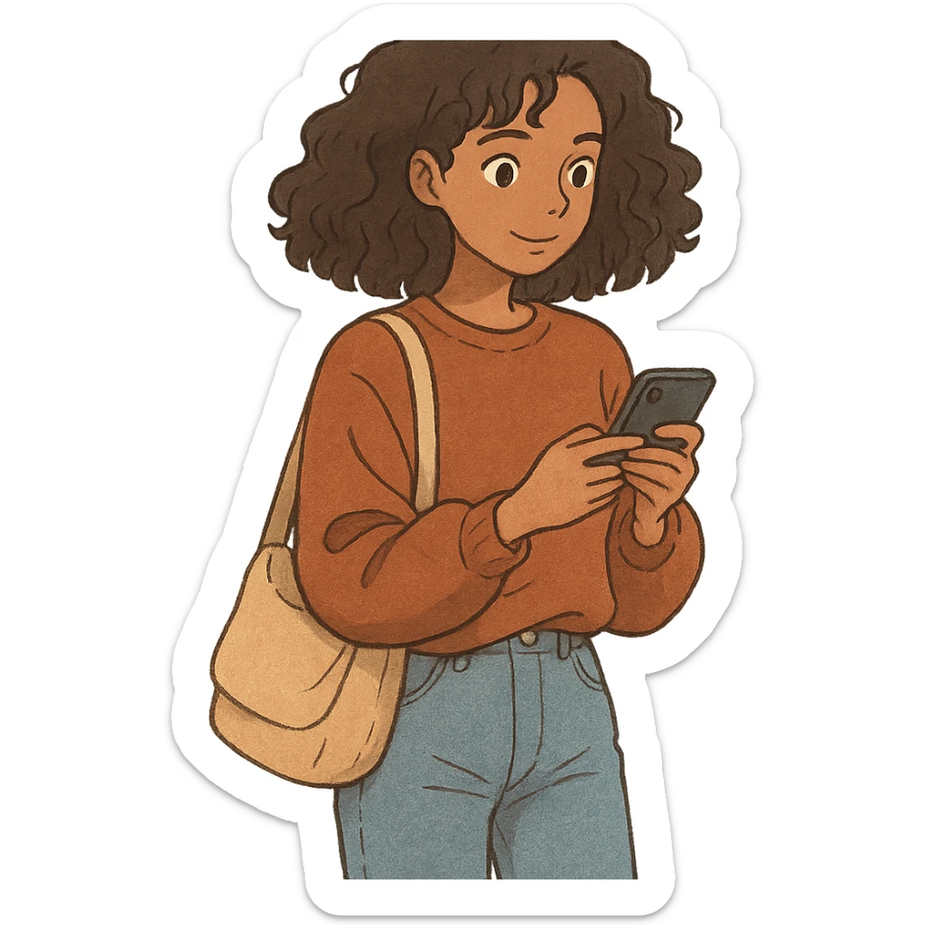 ghibli style brown woman with curly hair, it girl, daily life, daily activities sticker