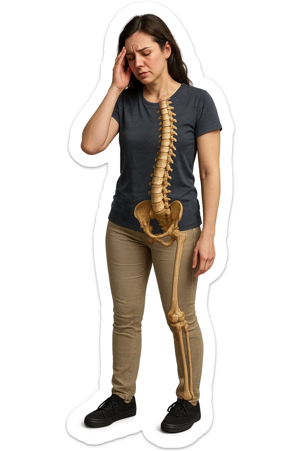 donna stanca a figura intera che si tiene una mano sulla tempia con spina dorsale anatomica visibile, iperrealistico 4k sticker