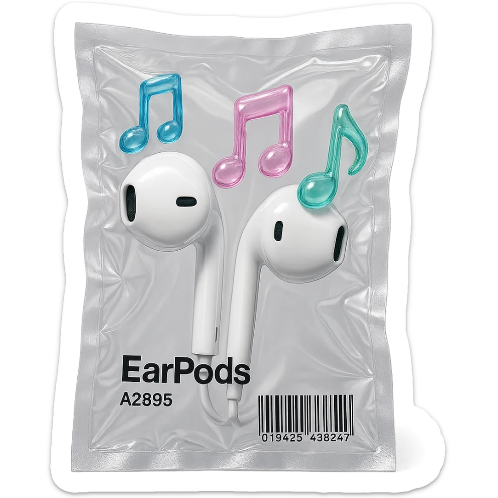 pair of white EarPods with three floating glass music notes in pastel blue, pink, and mint, glossy and inflated sticker