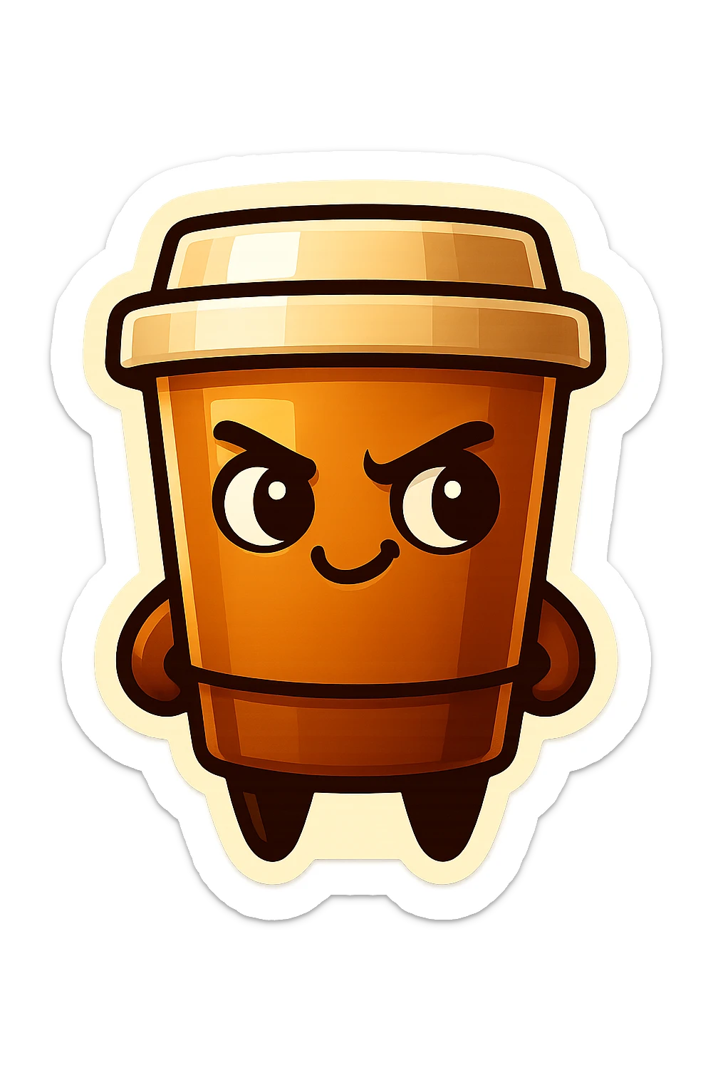 Tall coffee cup, mischievous eyes, thinking sticker