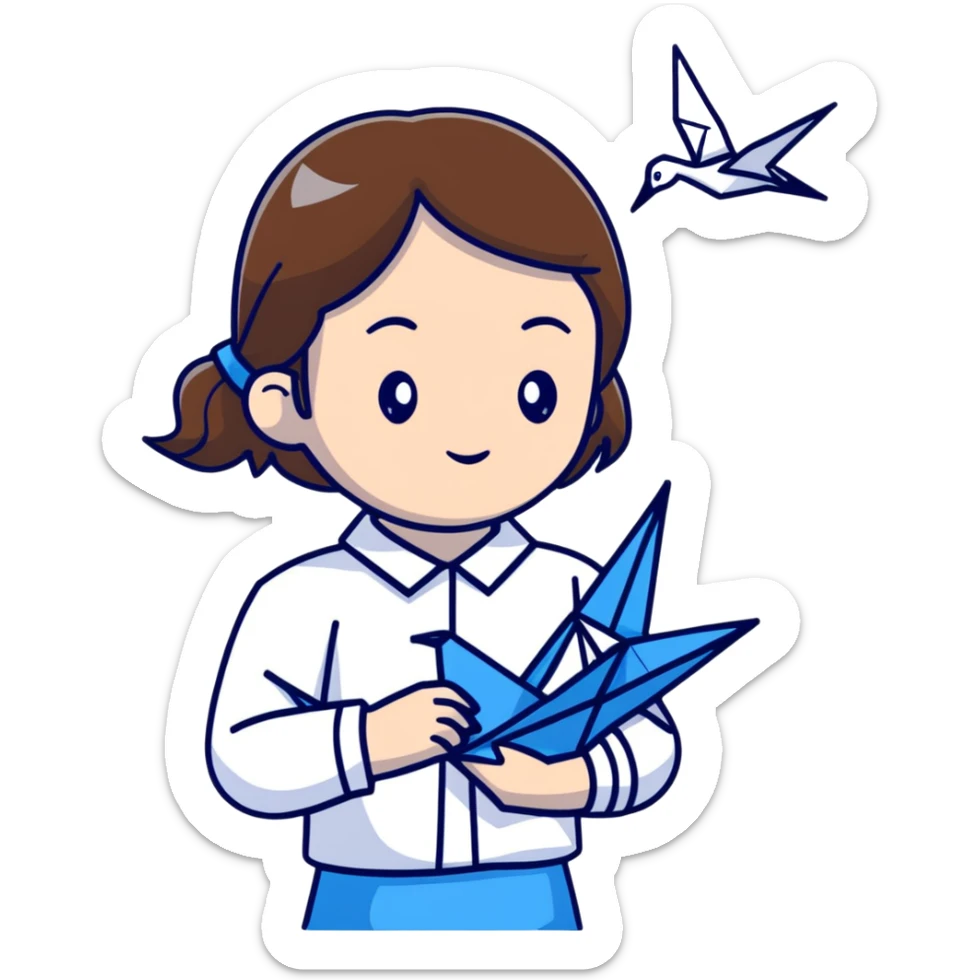 A Ukrainian young girl with brown hair wearing a white embroidered shirt holds an origami blue crane sticker