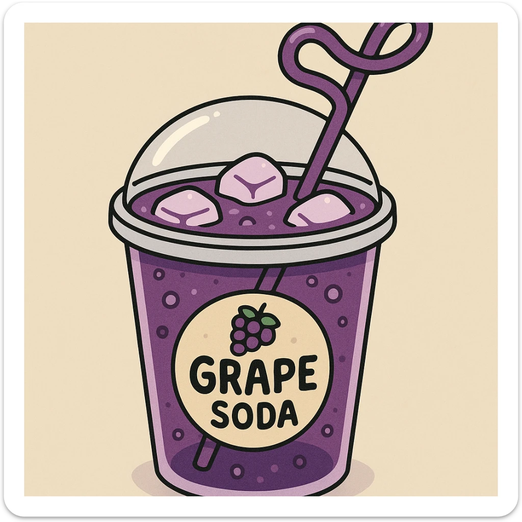 cartoon style illustration of a cup of grape soda with a purple hue, ice cubes, and a fun straw sticker