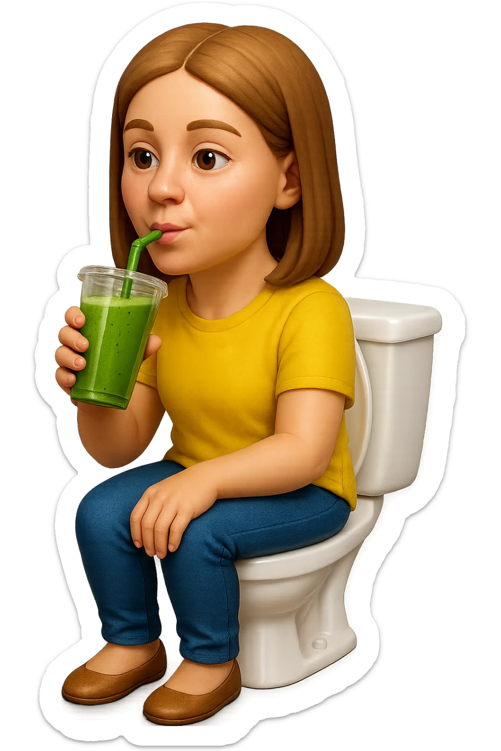 emoji stile iphone di una donna seduta sul wc che beve uno smoothies verde, iperrealistico 4k sticker