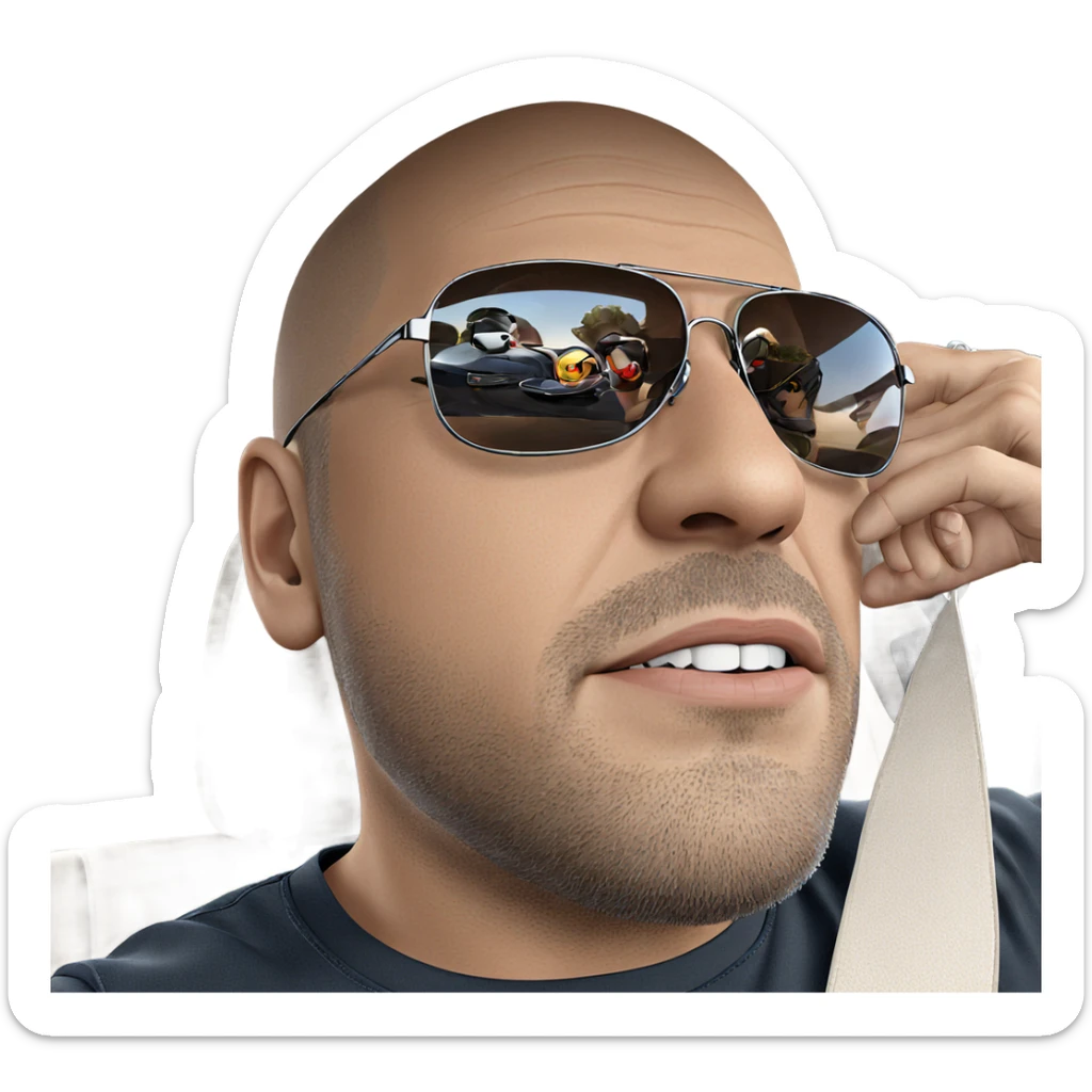 bald boys with sunglasses and car sticker