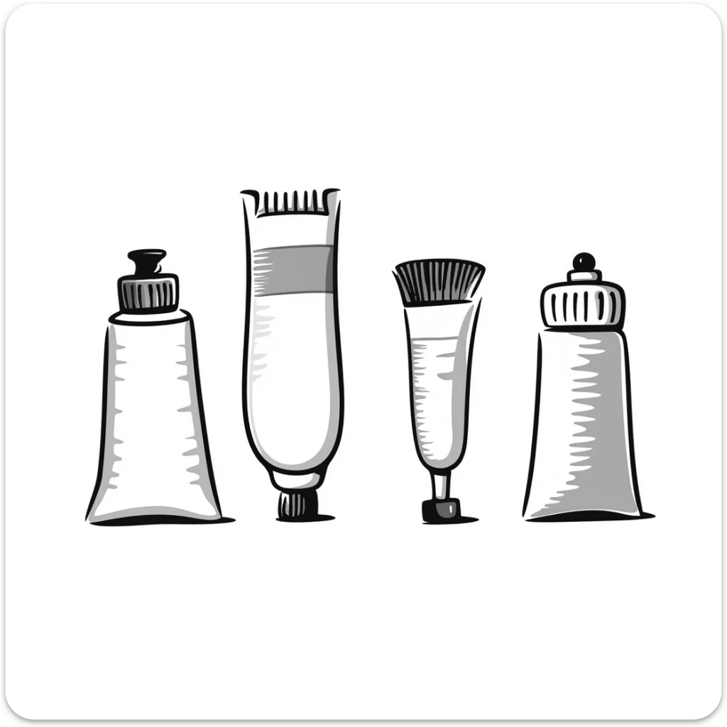 Set of artist's paint tubes with different sizes and caps. Some tubes are squeezed in the middle. Using specific pastel colors (dd9fb0, ffc6d3, a3bfc9, c4bee2, f1b091). Hand-drawn doodle style with intricate details. Transparent background. sticker