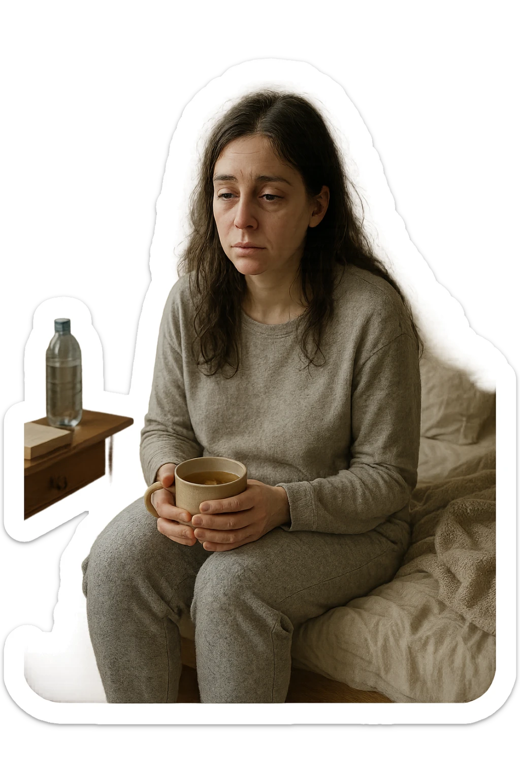 A realistic, cinematic illustration of a woman in her early 30s with a tired, pale appearance, sitting on the edge of her bed in a softly lit bedroom during the morning, looking exhausted and drained. Her posture is slightly slouched, and dark circles are visible under her eyes. She wears comfortable loungewear, holding a warm cup of herbal tea in her hands, seeking comfort. The scene includes a cozy yet slightly messy room with a blanket, a water bottle, and a book on the nightstand, emphasizing chronic fatigue. Soft natural light comes through the window, highlighting her expression of persistent tiredness despite rest, capturing the invisible struggle of chronic fatigue syndrome while maintaining dignity and a gentle aesthetic. sticker